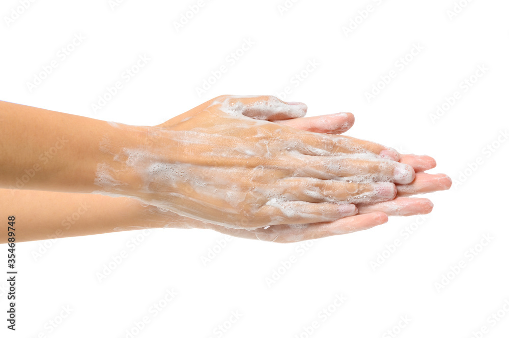 Woman Washing Hands with soap to prevent bacteria- Viruses- contagious disease- Covid-19 and Coronavirus- Isolated on white background