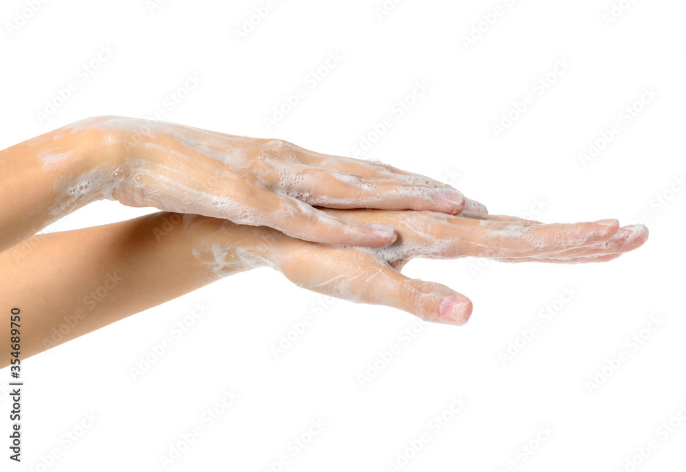 Woman Washing Hands with soap to prevent bacteria- Viruses- contagious disease- Covid-19 and Coronavirus- Isolated on white background Woman Washing Hands with soap to prevent bacteria- Viruses- contagious disease- Covid-19 and Coronavirus- Isolated on white background