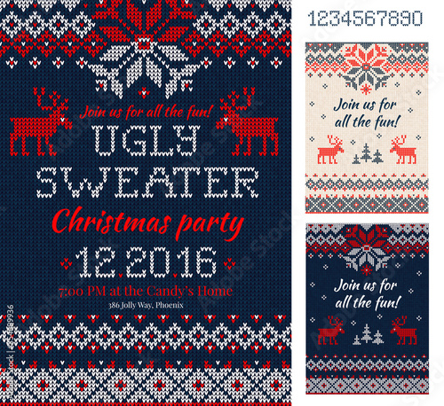Ugly Sweater Christmas Party cards. Knitted pattern. Scandinavian style deers