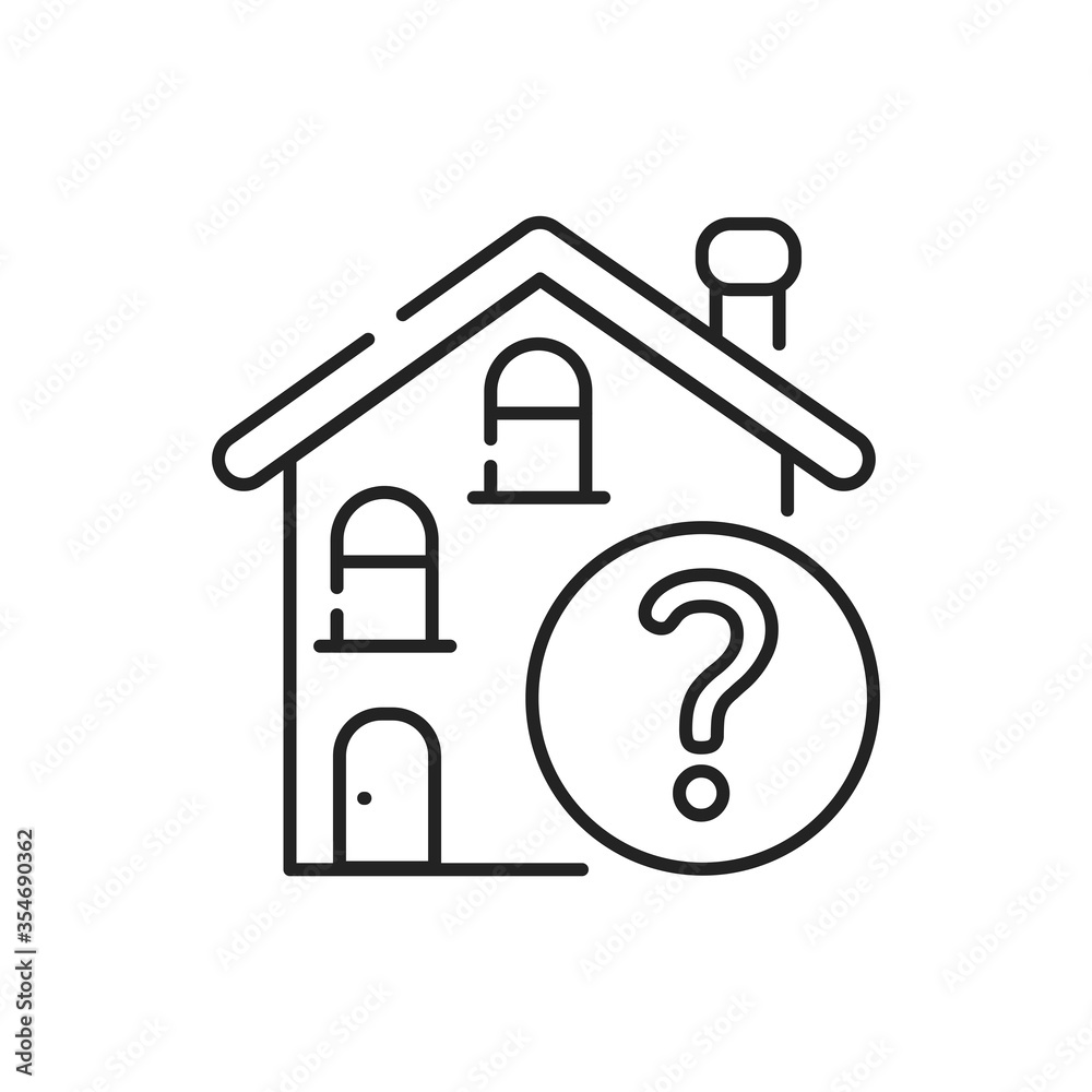 Residential building with a question mark line black icon. Confusion with location. Dementia symptom. Memory loss. Sign for web page, mobile app, button, logo. Editable stroke. Residential building with a question mark line black icon. Confusion with location. Dementia symptom. Memory loss. Sign for web page, mobile app, button, logo. Editable stroke.