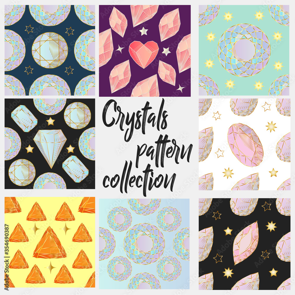 Fototapeta premium Seamless pattern of colorful jewels gemstones and crystals on black background.
