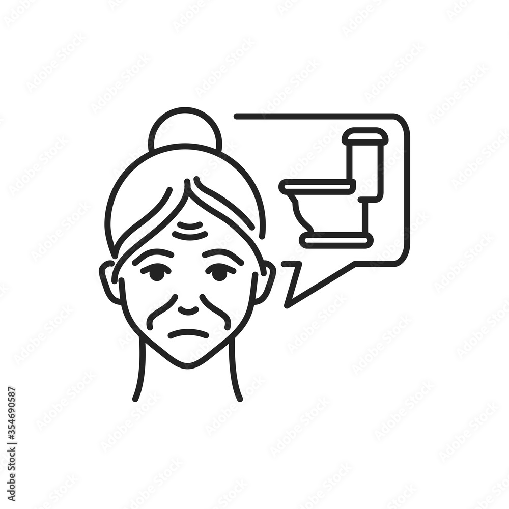 Old woman with speech bubble involuntary urination line black icon. Symptom dementia. Sign for web page, mobile app, button, logo. Editable stroke.