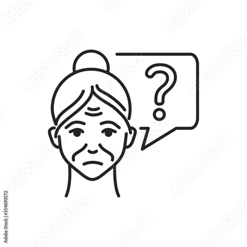 Old woman with speech bubble and question mark line black icon. Memory loss Brain disease alzheimer's. Decrease in mental human abilities. Sign for web page, mobile app, button, logo. Editable stroke.