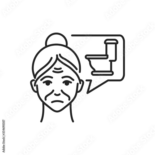 Old woman with speech bubble involuntary urination line black icon. Symptom dementia. Sign for web page, mobile app, button, logo. Editable stroke.