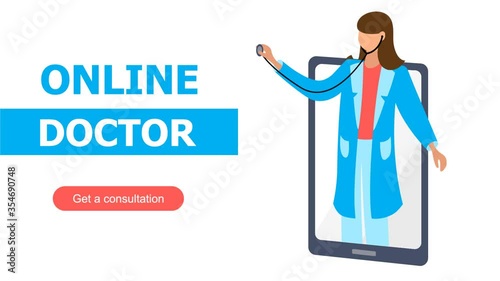 Online doctor consultation. Animation of therapist with stethoscope. Health check-up using smartphone and internet connection. Animated banner with cta button.
