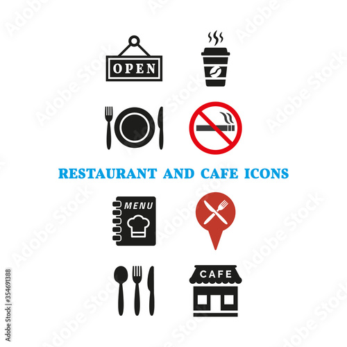 Restaurant and cafe icons set on white background.