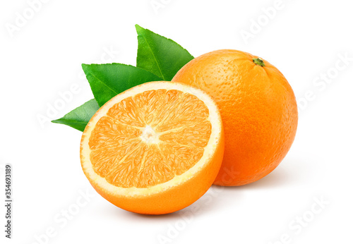 Natural orange fruit with cut in half and green leaves isolated on white background.