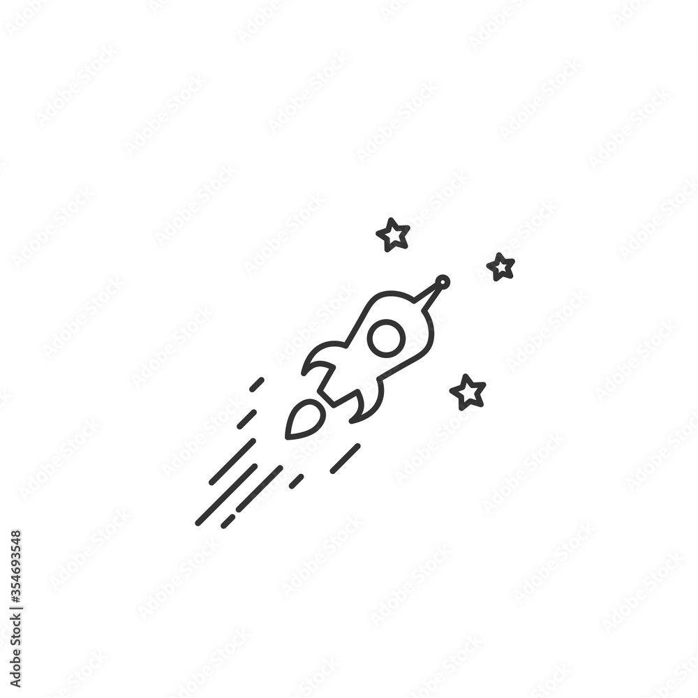 Outline rocket ship with stars. Isolated on white. Flat line icon.