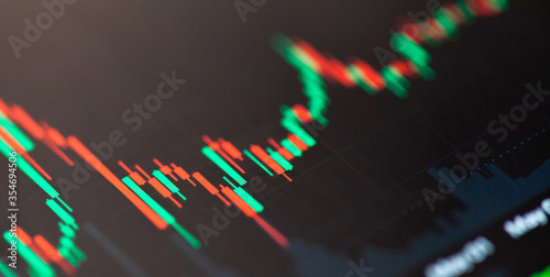Simple stock market exchange candlestick chart graph macro, closeup, shallow dof. Day trading candle sticks on screen, technical analysis financial concept, abstract blurry forex background texture
