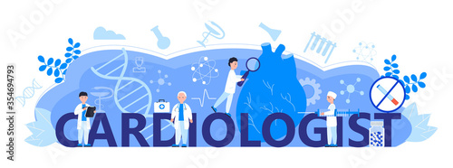 Cardiologist concept vector for web header. Hypo-tension and hypertension disease illustration for cardiology homepage. Symptom and prevention blood pressure. Tiny doctors treat heart.