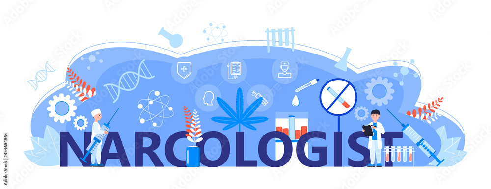 Obraz premium Narcologist concept vector for landing page. Tiny doctors treat human against drug, tobacco addiction. Narcology illustration for header web. Psychiatrists helps patient, give mental health advice.