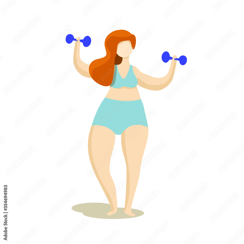 Fototapeta premium plus size woman. girl is engaged in fitness with dumbbells in a bathing suit