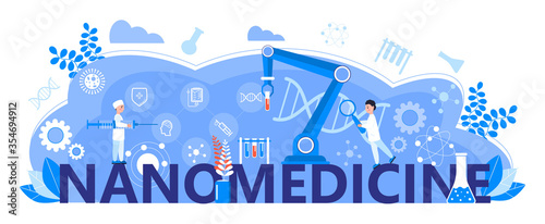 Nanomedicine concept vector. Scientists, doctors work in lab. Nanotechnology header illustration. Robotic hand helps in research. Nano innovations scientific progress banner for website, landing page.