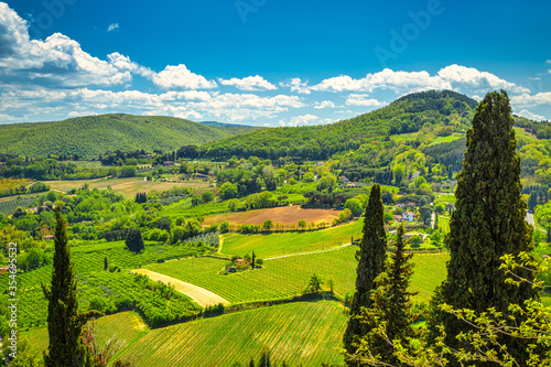 Landscape with a cypresses in Val d'Orcia region of Tuscany in spring time, Italy.
