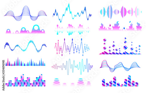 Vector music sound waves set. Audio digital equalizer technology, console panel, musical pulse. Modern music wave pattern. Concept musical bar. Dynamic light flow, with neon light effect