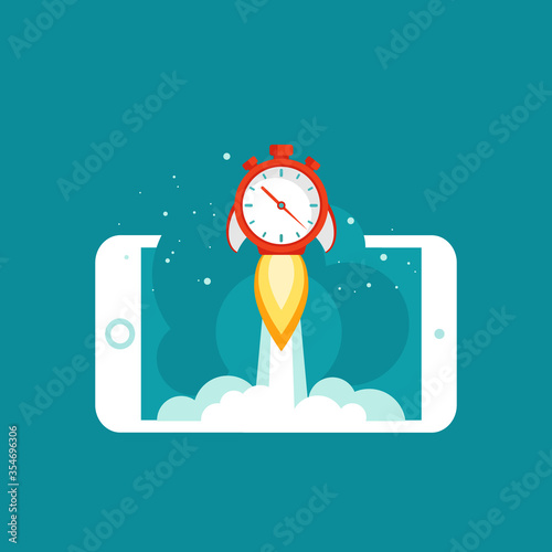 smartphone with red stopwatch rocket ship and cosmos on the screen