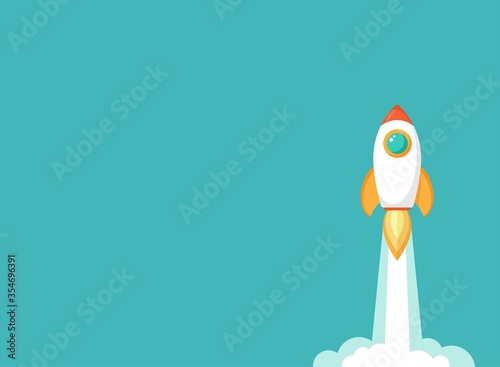 Rocket ship with fire and clouds. Isolated on powder blue. Flat icon.