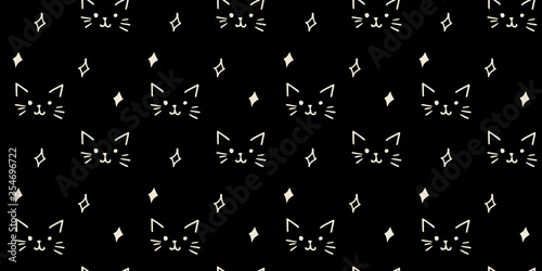Hand drawn black and white cat faces shiny glisten icon seamless background for textile wallpaper fabric design. Ink drawing cute texture.