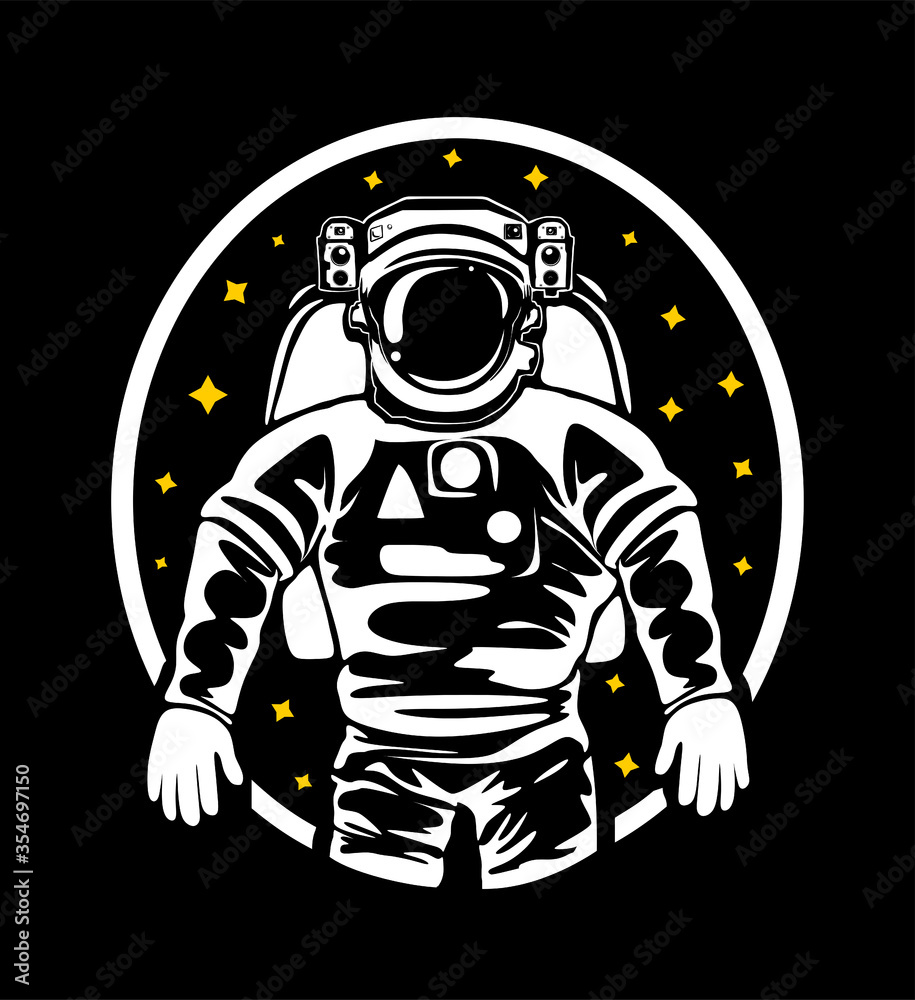 The silhouette of an astronaut in a spacesuit in outer space.Flying into space on a rocket.Stars.Astronaut looks out the window at the stars.Vector black and white illustration.NASA.