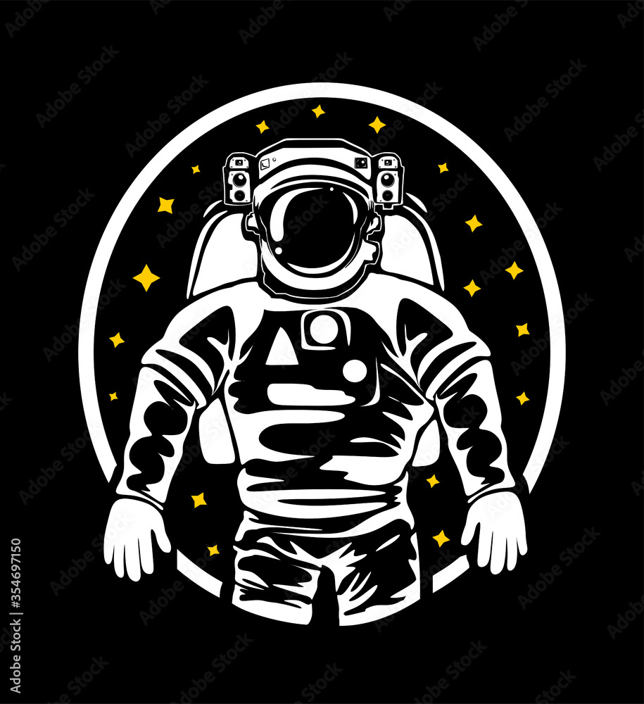 The silhouette of an astronaut in a spacesuit in outer space.Flying into space on a rocket.Stars.Astronaut looks out the window at the stars.Vector black and white illustration.NASA. The silhouette of an astronaut in a spacesuit in outer space.Flying into space on a rocket.Stars.Astronaut looks out the window at the stars.Vector black and white illustration.NASA.