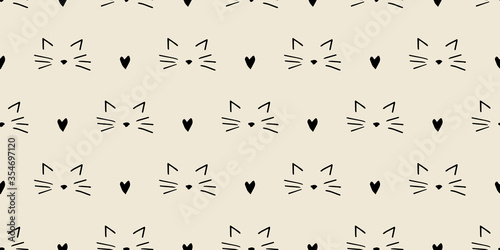 Hand drawn cat faces with heart icon. Cute cartoon animal illustration for cute. Black and white line art with color, simple graphic style. © F