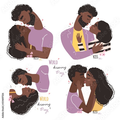 World kissing Day. Romantic black african american couple in love kissing.
