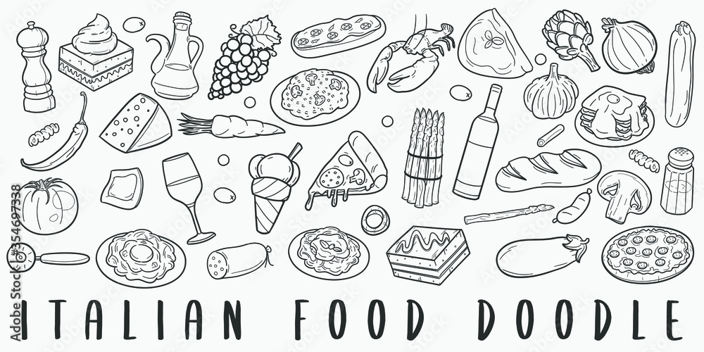 Italian Food Doodle Line Art Illustration. Hand Drawn Vector Clip Art. Banner Set Logos.