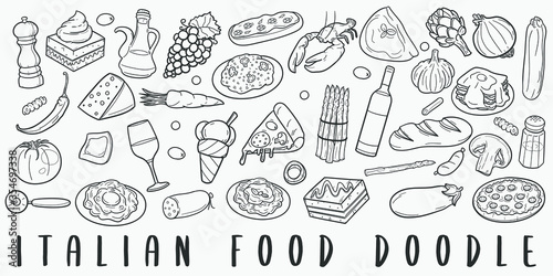 Italian Food Doodle Line Art Illustration. Hand Drawn Vector Clip Art. Banner Set Logos.
