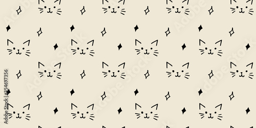 Hand drawn black and white cat faces shiny glisten icon seamless background for textile wallpaper fabric design. Ink drawing cute texture.