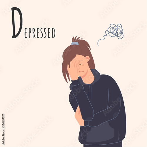 Alphabet Emotions concept. Female character depressed and frustrated. Letter D - Depressed. Vector cartoon illustration