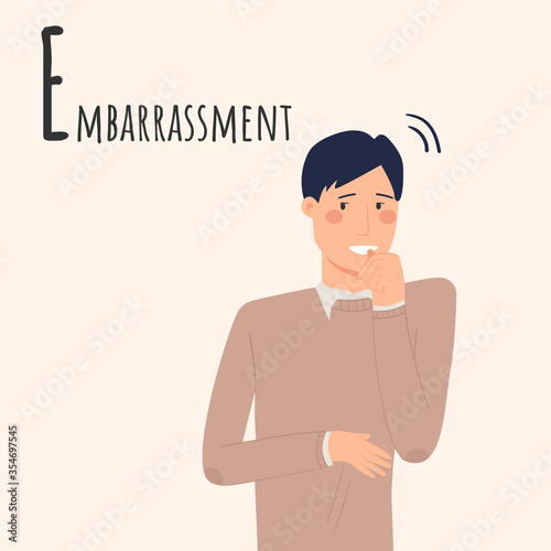 Alphabet Emotions concept. Male character embarrassed and confused. Letter E - Embarrassment. Vector cartoon illustration