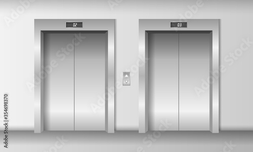 Two elevators with closed doors realistic vector illustration.