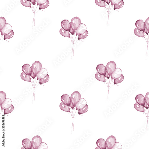 Hand-drawn watercolor illustration. Seamless pattern. Set of balloons on a white background. Isolated  monochrome