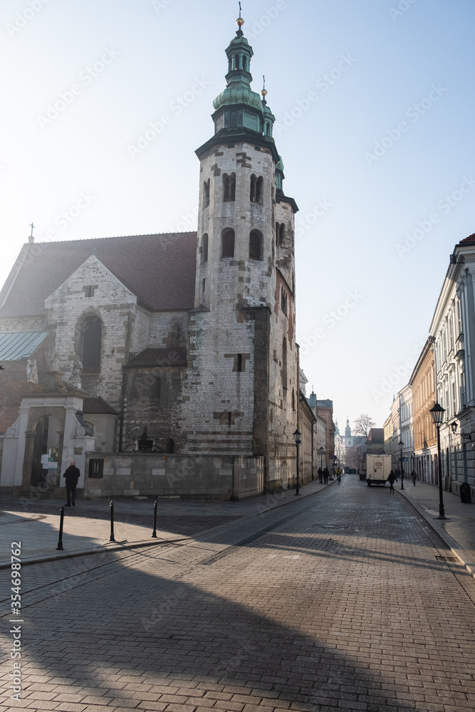 View of the Church of Saint Andrew, a Baroque church in the Old Town district in Krakow, Poland.