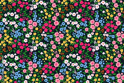 Floral pattern. Pretty flowers on black background. Printing with small colorful flowers. Ditsy print. Seamless vector texture. Spring bouquet.