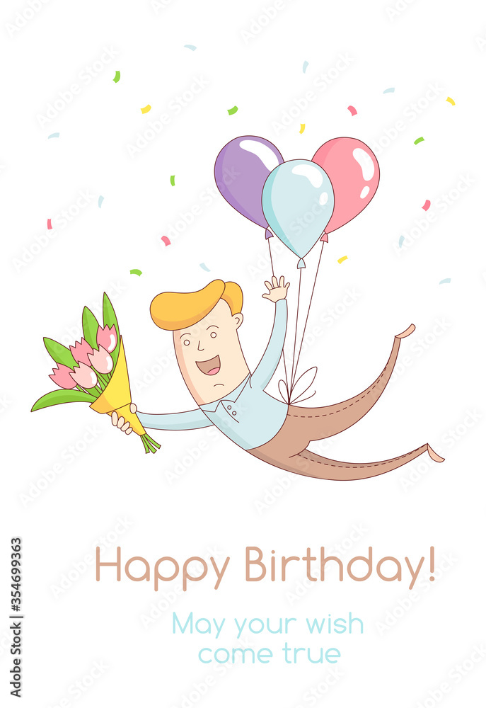 Happy birthday party greeting card invitation funny kid character flying with balloons holding flowers. Line flat design kid's style
