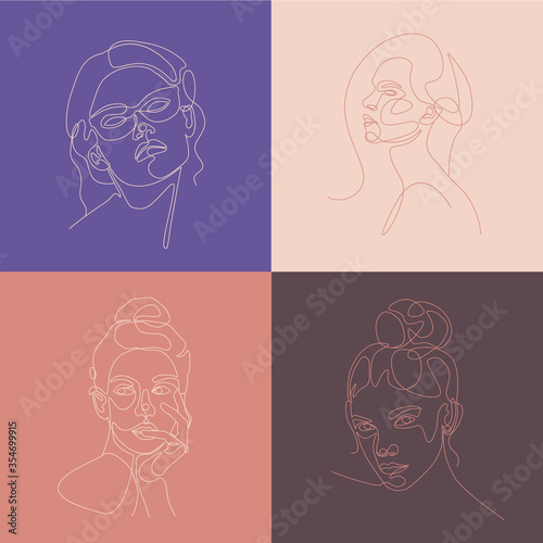 Woman heads vector lineart illustration. One Line style drawing. Eps10 vector. 