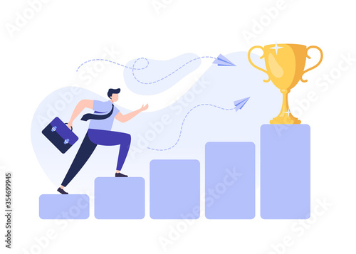 Businessman with motivation runs to his goal. Moves up steps to the target's achievement. Eps10 vector.