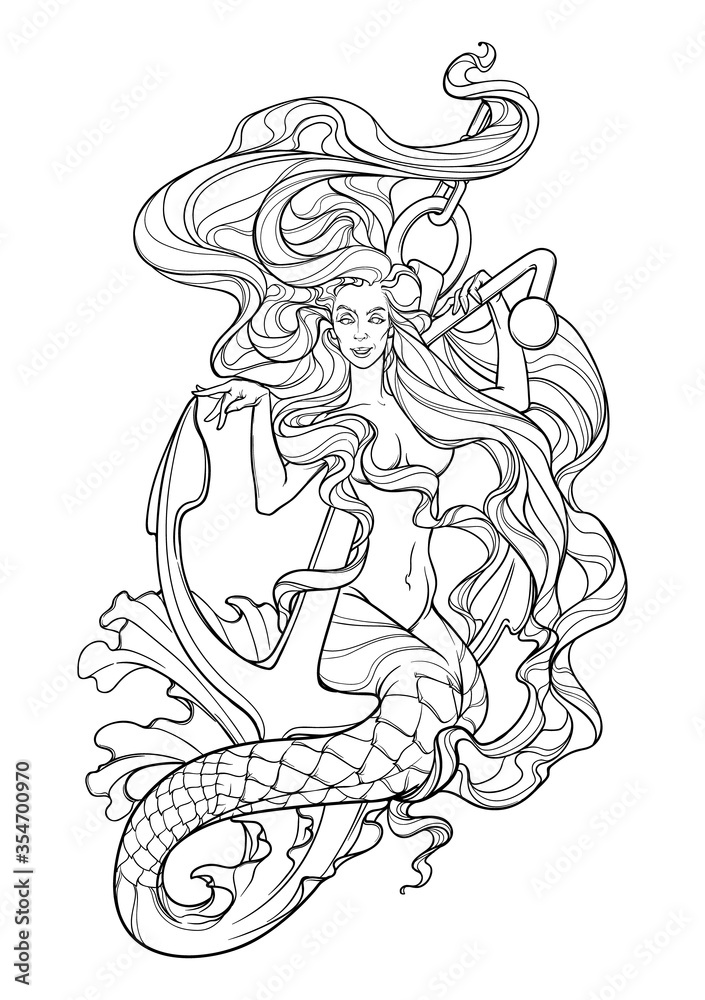 Beautiful mermaid with long wavy hair sitting on anchor. Intricate black line drawing isolated on white background. EPS10 vector illustration