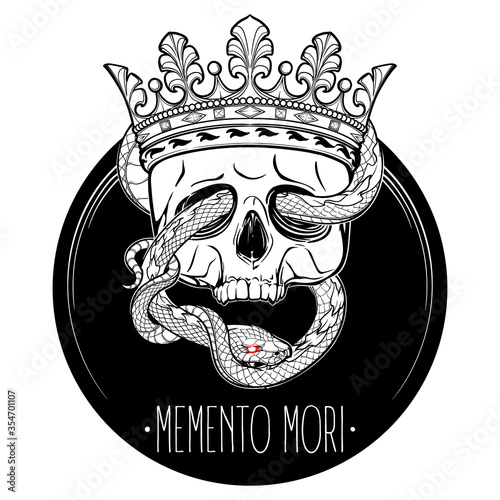 Crowned human skull with a snake eating its own tail. Alchemy concept illustration with a sign meaning remember you are mortal. Black and white drawing isolated on white background. EPS 10 vector