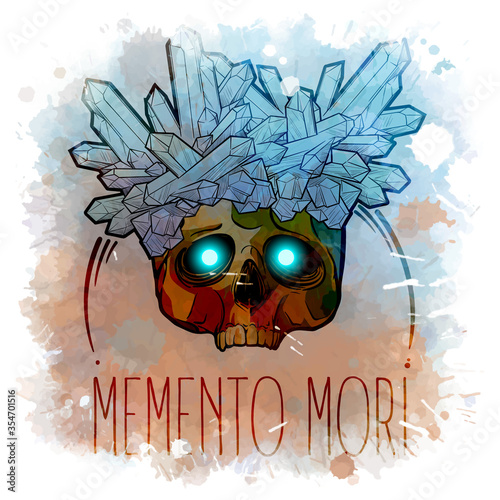 Human skull with a crystals growing on it. Alchemy concept illustration with a sign in latin meaning remember you are mortal. Line drawing on a watercolor textured background. EPS 10 vector