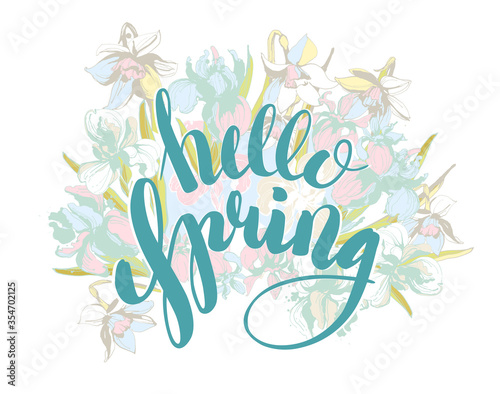 Vector Beautiful lettering Hello Spring hand drawn floral background flowers. © svsunny