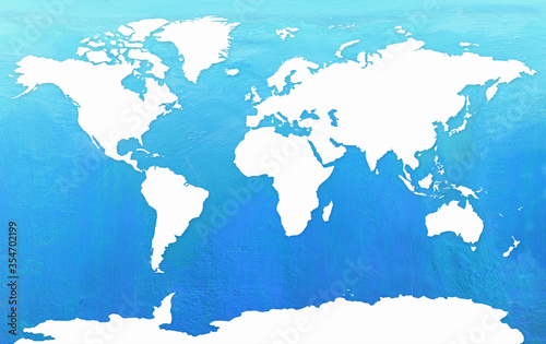 White World map with countries borders on blue wall background
