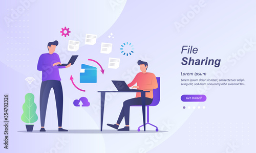 Sharing file, file transferred encrypted form, transfer of documentation, migration concept, Suitable for web landing page, ui, mobile app, banner template. Vector Illustration.
