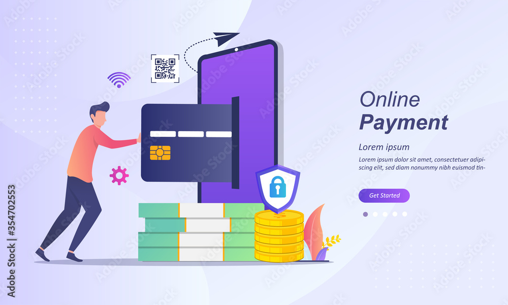 Online Payment concept, People character transfer money with atm on smartphone. Suitable for web landing page, ui, mobile app, banner template. Vector Illustration