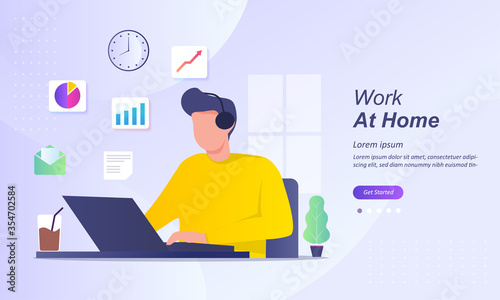 Working from home at relaxed place, freelancer working on computer at home, coworking space, part time outsources, remote job, Suitable for web landing page, ui, mobile app, banner template.