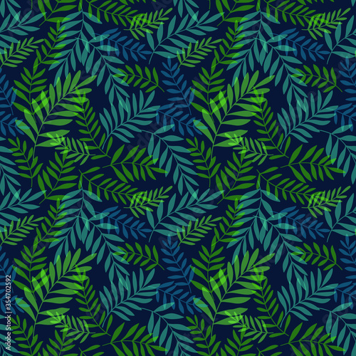 Trendy seamless background with tropical leaves. Bright jungle pattern with palm leaves, exotic plant. The elegant template with Hawaiian motifs, on dark blue background.