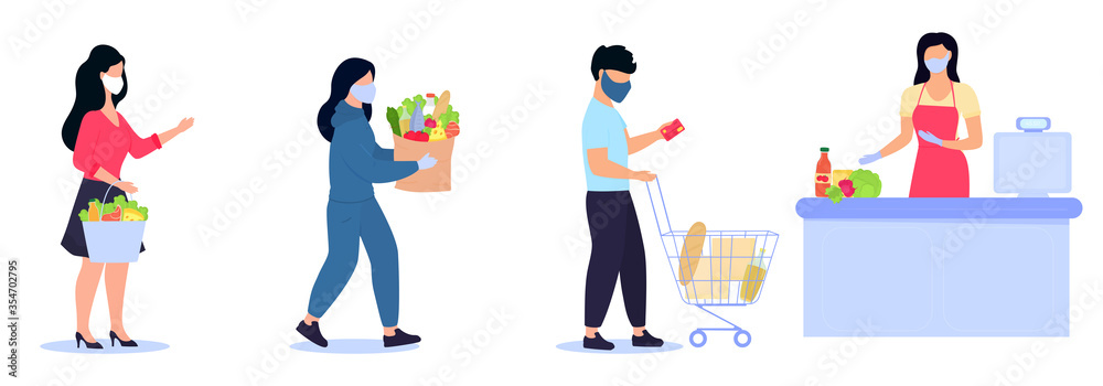 People in protective masks are in the queue to the cashier keeping social distance. Safe shopping during the quarantine of the coronavirus covid-19 epidemic