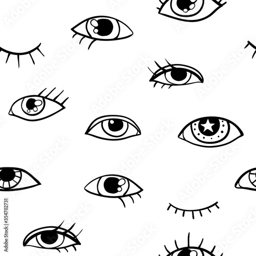Modern seamless pattern with hand drawn eyes. Black outline vector eye doodle seamless pattern