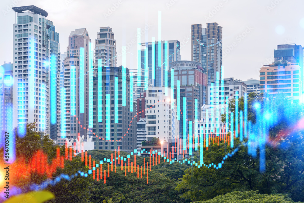 Obraz premium Forex and stock market chart hologram over panorama city view of Bangkok, the financial center in Asia. The concept of international trading. Double exposure.